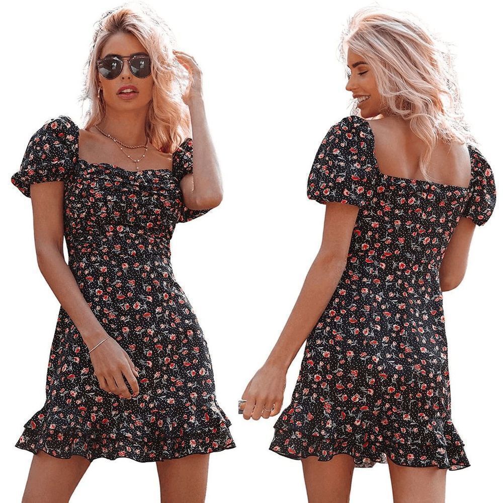 🌹Ruched Short Puff Sleeve Casual Flounce Hem Floral Cute Mini Dress SIZE S NWT